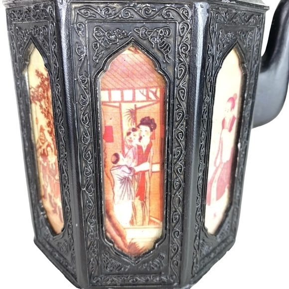 Vintage Chinese Shantou Teapot Pewter Metal Reverse Glass Painted Panels Black - Picture 9 of 16